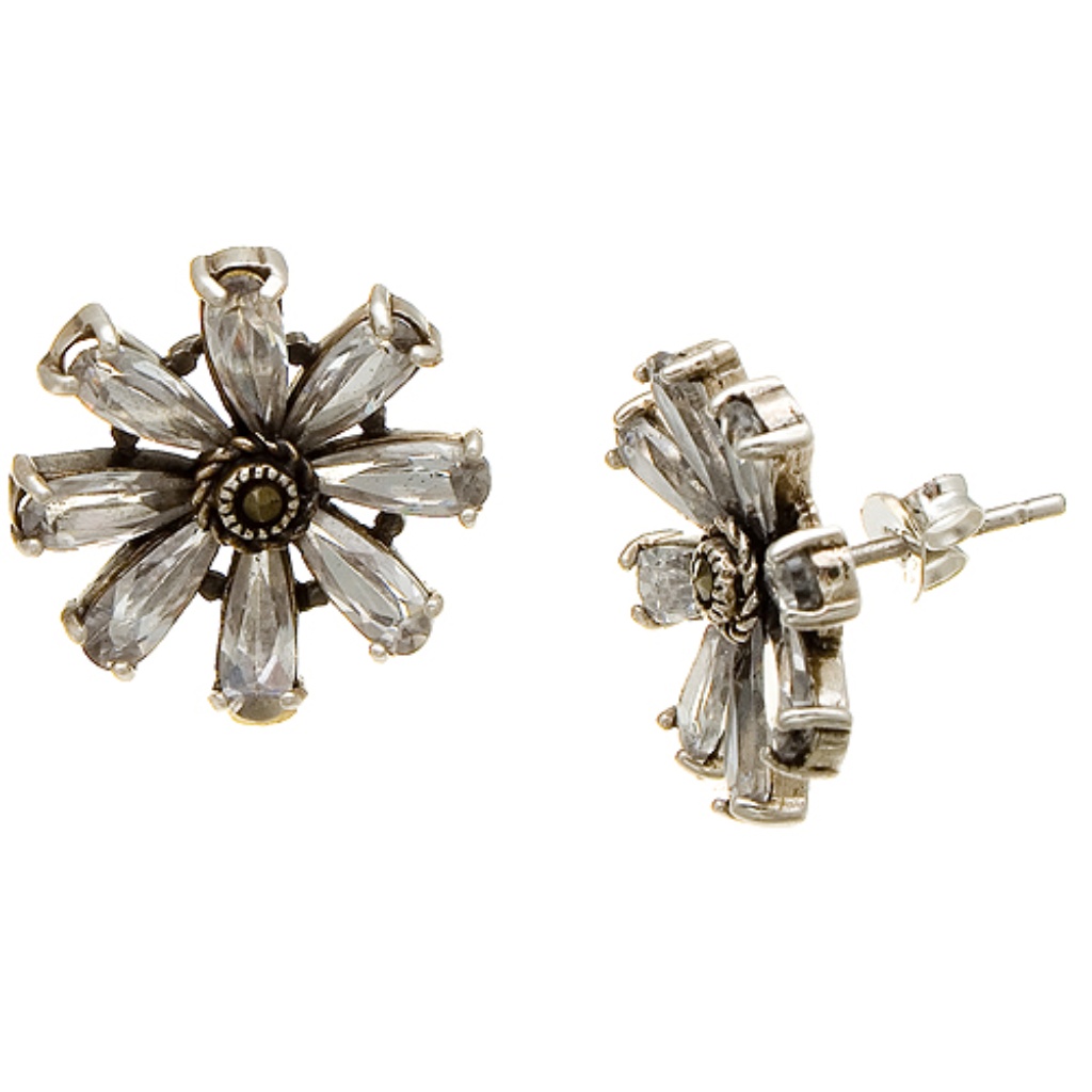 New Sterling Silver Cz Flower Marcasite Earrings